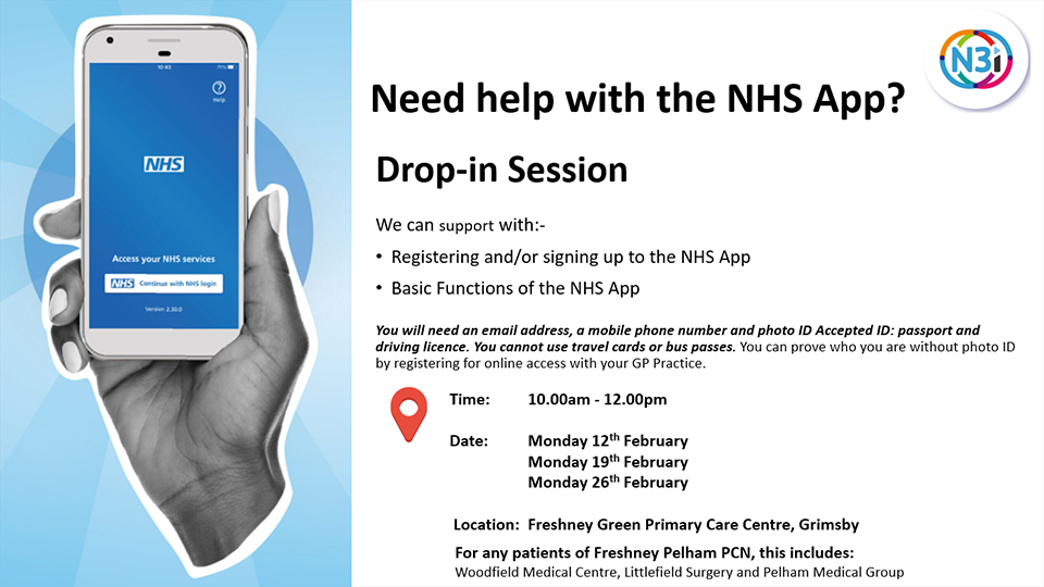 NHS App Support Drop-in Session: Bring your device and get support with using the NHS App. 10am to 12pm on the 12th, 19th, and 26th of February 2024.